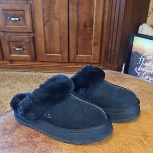 UGG Black Suede Fur-Lined Clog Slippers